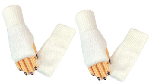 TRADERPLUS Gants sans doigts en fourrure pour femmes, hiver, chauds, avec trou pour le pouce, moufles pour poignets (Blanc x2, M)