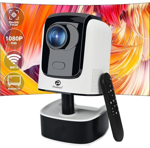 4K Support Beamer, Podazz Full HD 1080P Beamer 12000 Lumen Tragbarer WiFi 6 Bluetooth Projektor Eingebaute Android OS mit Elektrischer Fokus, für Android/iOS/Laptop/Tablet/Fire Stick/PS5 (weiß)