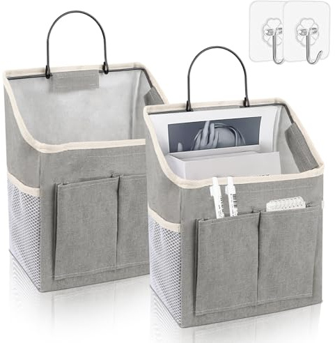 AKONE Organizador colgante de 2 unidades, 3 compartimentos, gris, almacenamiento plegable para baño, cesta de algodón y lino