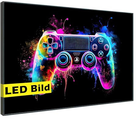 Generisch Leuchtbild I Gaming Controller Neon I LED Wandbild I Leuchtende Leinwand mit Rahmen - Made in Germany (Gaming Controller Neon, 50x50 cm, Rahmen: Holz Flora)