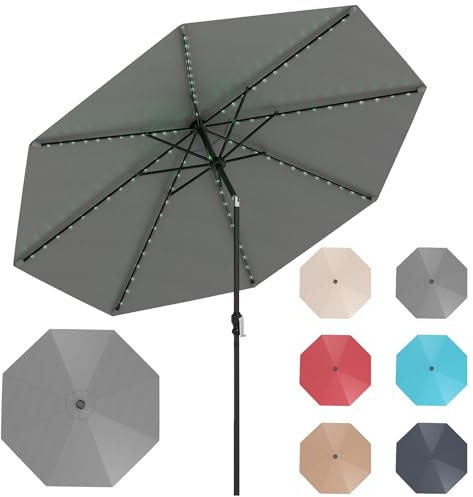 KOMFOTTEU Sombrilla de Jardín Ø 3 m con 96 Luces LED y 9 Modos, Parasol Terreza Exterior Inclinable de 35° con 8 Varillas, Sombrilla de Patio para Balcón, Piscina, sin Base (Gris)