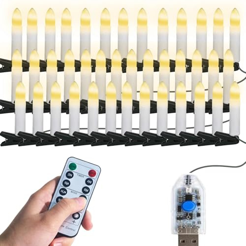 Gresonic Christmas Tree Candle with Clips, 40LED Flameless Flickering Warm White 8 Modes USB Powered Fairy Lights with Remote Control Timer Dimmable for Home Party Indoor Outdoor Xmas Tree Decor