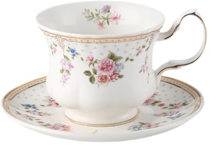 Baoblaze Cups and Saucer Set Coffee Mug with Anti Slip Handle Romantic Multipurpose Portable Latte Art Mug Floral Tea Cups Gift, Round Saucer