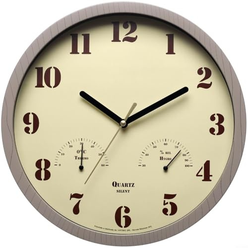 Alanmoship Wetterbeständige Gartenuhr mit Thermometer und Hygrometer, geräuschlos, nicht tickend, analoge Wanduhr für den Innen- und Außenbereich, wasserdicht, 25,4 cm, rustikales Dekor (grau)