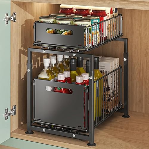 Purova Küchenschrank Organizer mit Verstellbarer Höhe, 2 Etagen Ausziehbares Küchen Organizer, Küchenregal Arbeitsplatte Metall Unterspüle für Badezimmer, Küche (1, Doppelschicht)