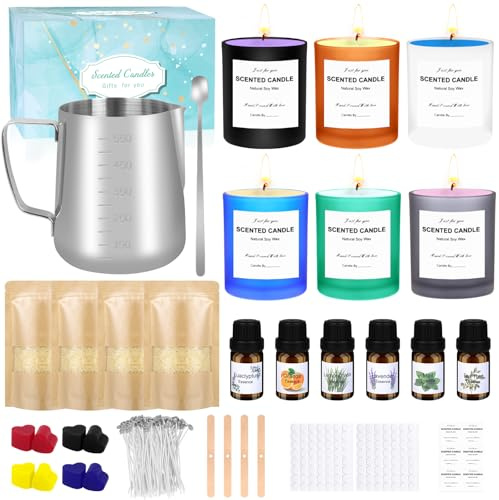 Kit de fabrication de bougies DIY, coffret cadeau de bougies parfumées avec 6 pots en verre, 500 g de cire d'abeille, 1 récipient résistant à la chaleur, 6 huiles parfumées, 8 blocs de couleurs