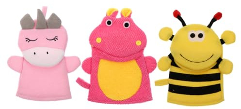 EPIGEIST 3 pièces Exfoliants de Bain pour Garçon Fille Mitaines Éponge Lavables Exfoliation Douce et Massage Corporel Design Cartoon pour Peau Sensible des
