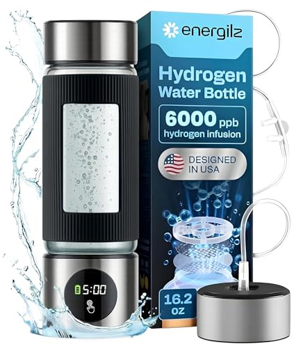 Energilz Hydrogen Water Bottle | 16.2 oz (480 ml) Hydrogen Water Generator | 6000 PPB Hydrogenator Machine | SPE/PEM Ionizer Generator (Silver)