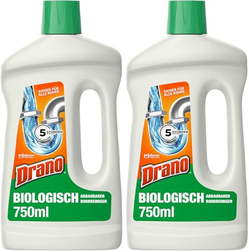 Drano Extra Stark, Biologisch Abbaubarer Rohrreiniger für langsam abfließende Abflüsse, 2er Pack (1 x 750 ml)