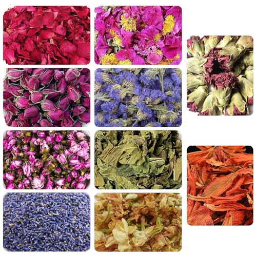 Dried Flowers and Herbs Kit - 10 Bags Natural Petals for Bath Bombs, Soap Making, Candles, Resin Crafts (Lavender, Rose, Chamomile, Jasmine, Mint, Carnation, Lily, Peony, Myosotis, Peach Blossom)