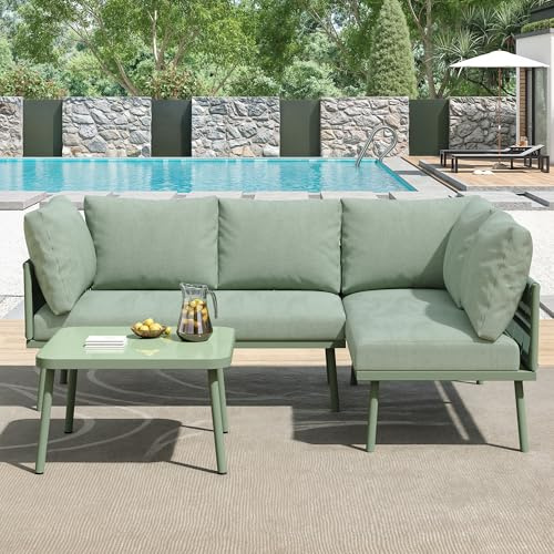 DUlVBPE Garten-Lounge-Set aus Eisen, Gartenmöbel-Set aus grünem Seil, L-förmiges Gartenmöbel-Set, Lounge-Set aus grünem Seil mit Sitzkissen, verstellbaren Füßen, 2 Sofas und 1 Tisch