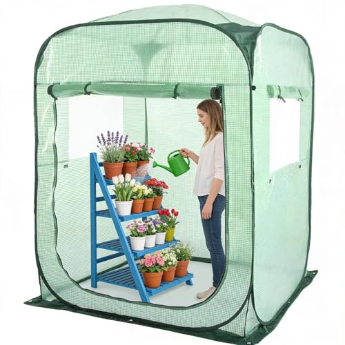 GarveeMore Foliengewächshaus Gewächshaus Folie Für Aufzucht Tomaten, Tomatenhaus Mit Tür Fenstern, Pflanzenschutz Winter Zelt Für Pflanzen Und Blumen, 122x122x162Cm