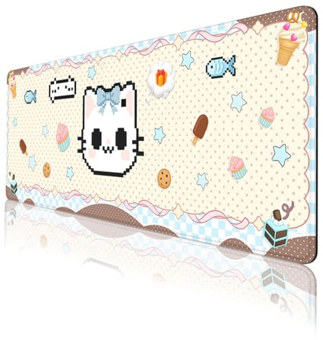 Pixel Cat Desk Mat Cute Kawaii Cartoon Cake Kitten Extended Gaming Mouse Pad Mat with Stitched Edge Non-Slip Base Big Mousepad