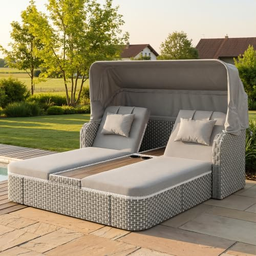 Merax Sonneninsel Outdoor – Polyrattan Sonnenliege mit Sonnenschutz, Garten-Lounge-Set für 2 Personen, wetterfestes Daybed Outdoor inkl. Sofa, Hocker, Sessel & Tisch für Terrasse und Balkon