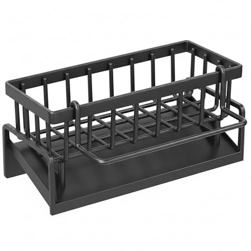 Otbushit Diskbänk Caddy med självdränerande bricka, diskbänkssvamphållare och organiserare för svamp, disktvål, borstar avtagbar handduksstång, platsbesparande design, svart
