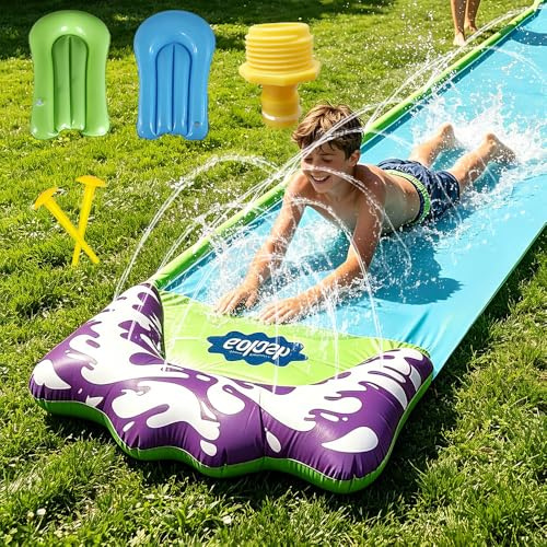 15.7ft/480cm Water Slides and 2 Bodyboards, Slip and Slide Water Slide for Kids, Summer Lawn Waters Slide with Sprinkler and Wading Pool for Kids Adults Backyard Outdoor (Blue)