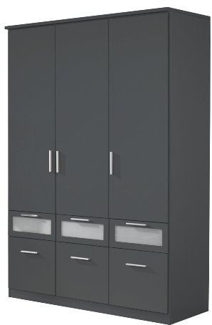 Rauch Möbel Bochum Schrank Kleiderschrank Drehtürenschrank 3-türig mit 6 Schubladen, Grau Metallic / Milchglas, Schwarz, BxHxT 136x199x56 cm