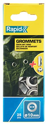 Rapid Ösen Set 10 mm mit Scheiben inkl. Einschlagwerkzeug | Mit Einschlagwerkzeug; 10 mm Durchmesser; 25 Stück; mit Scheibe; Silber; aus Stahl; für Planen & Stoffe