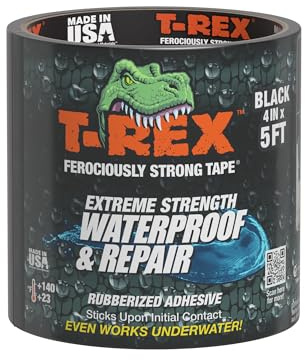 Größe des wasserdichten T-Rex-Klebebands: 101 mm x 152 mm, mit R-Flex-Technologie. Ein starkes Klebeband, das unter Wasser funktioniert, versiegelt und repariert Lecks, schwarz.