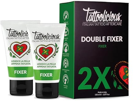 Tattoolicious DOUBLE FIXER - Crema Calmante para tatuajes recién hechos, con Ingredientes Bio Activos con propiedades calmantes y suavizantes, 150 ml paquete doble (2 tubos de 75 ml)