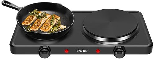 VonShef Electric Hob - Portable Electric Hot Plate Double with Dual Temperature Controls, 2500W, 2 Ring Table Top Stove for Cooking, Warming, Boiling, Frying, For Home & Caravan – Black