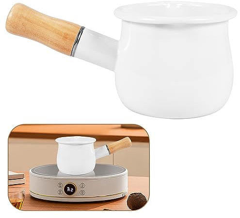 Liseng Enamel Milk Pan, Warmer 10cm Enamelware Saucepan Pan with Wooden Handle, Perfect Size for Heating Smaller Liquid Portions. (White)