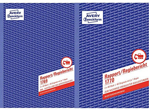 AVERY Zweckform 1769 Rapport/Regiebericht (A4, selbstdurchschreibend, 2x40 Blatt) weiß/gelb & 1770 Rapport/Regiebericht (A5, selbstdurchschreibend, von Rechtsexperten geprüft, 2x40 Blatt) weiß/gelb
