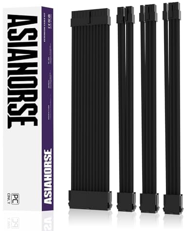 AsiaHorse PSU Kabelverlängerung, PC Sleeved Cable Kit für GPU/CPU, 16AWG Netzteil Cable Extensions mit Kabelkämmen, 24PIN/ (6+2) PIN/ (4+4) PIN Kabelmanagment, 30CM,Schwarz