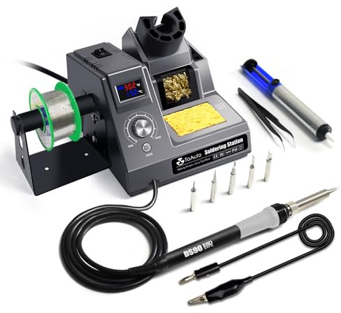 TOAUTO DS90 Lötstation-°F & °C Dual Digital Display Lötkolben Set,90W Lötkolben,302℉- 842℉ Temperatur, antistatisch und Erdungskabel, Standby-Modus Lötset (Grau)