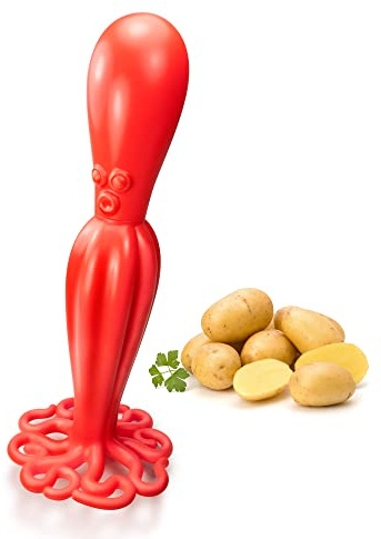 HOOBBE Red Kraken Octopus Themed Plastic Potato Masher for Making Mashed Potatoes, Avocado, Bean, Plantain, Baby Food, Soft Cooked Food and Fruit, Smasher Kitchen Tool to Mash, Fun Holiday Gift