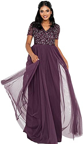 Maya Deluxe Abendkleid mit Pailletten Cocktailkleid Damen mit V-Ausschnitt Tüllkleid