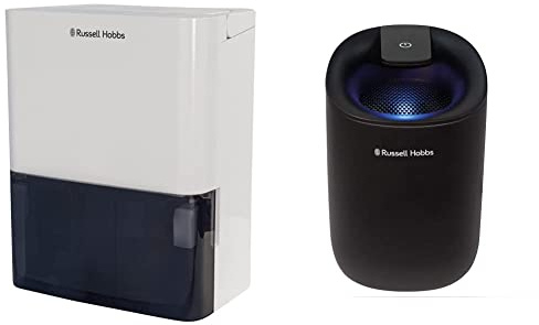 Russell Hobbs RHDH1001 10 Litre/Day Dehumidifier,White & RHDH1061B 300ml/day, Black Dehumidifier with Auto Defrost for Home, Kitchen, Basement, Garage, Caravan, Bathroom, Lightweight, 15m2 Room Size