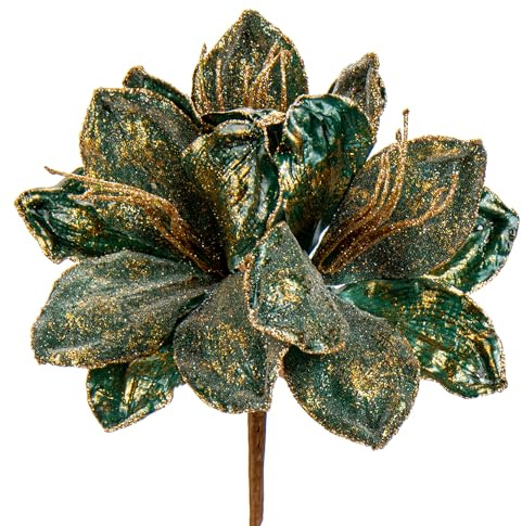 Oairse 3er-Set Ø25 cm künstlichen Weihnachtsblumen, Glitzer-Weihnachtsblumen Clivia für Weihnachtsbaum-DIY-Dekoration, künstliche Blumen für Feiertage, Esstisch-Mittelstück, Neujahrs-Ornamente, Grün