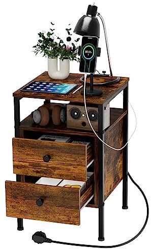 Rcynview Beistelltisch Holz mit Ladestation, Nachttisch Schmal mit 2 Schubladen und USB-Anschluss und Steckdose, Nachtkästchen für Kleine Räume, für Wohnzimmer, Schlafzimmer, 40x40x61cm, Vintage Braun
