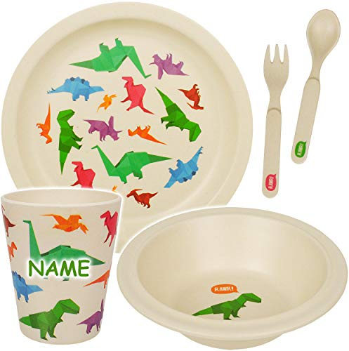 alles-meine.de GmbH 5 TLG. Set - Kunststoff - Geschirrset - Dinosaurier - Dino & T-Rex - inkl. Name - BPA frei - Kunststoffgeschirr - Trinkbecher + Teller + Müslischale + Besteck..