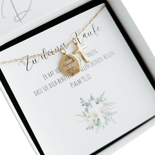 Generisch Taufkette mit Gravur - Kreuz und Plättchen als Taufgeschenk | Personalisiert für Mädchen und Jungen, 316L Edelstahl, 35–40 cm, Karte & Geschenkbox
