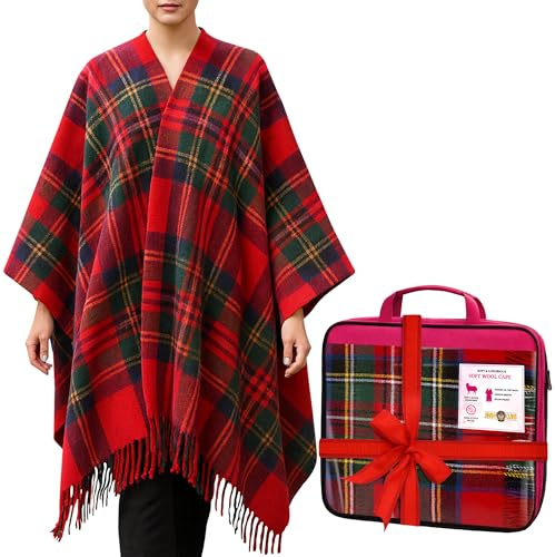 BRAW CLANS TARTANS Soft wool Tartan Poncho Blanket cape made in Scotland - Ruana cloak style - full body shawl - Mothers day Gift - Home, Travel, Camping - Royal Stewart Tartan
