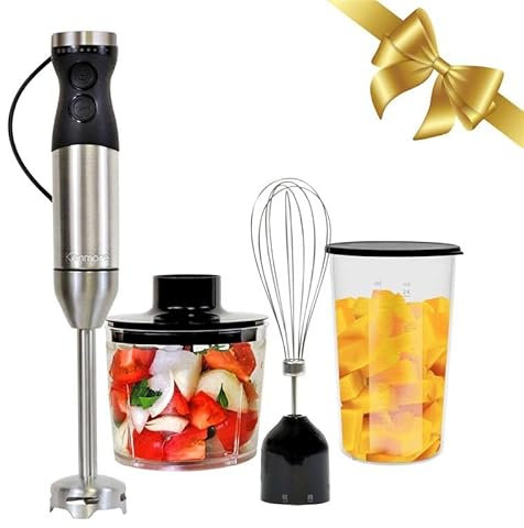 Kenmore Hand Blender 4-in-1 Immersion Blender Handheld Stick Blender Electric Stainless Steel Quad Blade Food Chopper Whisk 700mL Beaker Lid Variable Speed Hand Blender for Baby Food Smoothies Soup