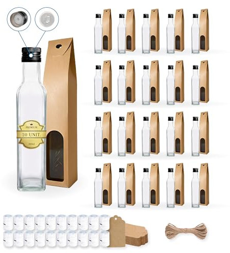 20 Botellas de Cristal 500ml con Tapón de Rosca Negro con Boquilla Vertedora + 20 Cajas + 20 Sellos + 20 Etiquetas Kraft + Cuerda - Aceite de Oliva, Vinagre, Alcohol - Aceitera de Cristal
