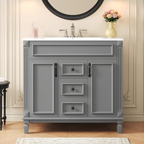 Merax 36” Bathroom Vanity with Sink, Freestanding Single Bathroom Sink Vanity Cabinet Set with 36” Countertop & Integrated Sink, 2 Doors & 2 Drawers (Sink Cabinet Only, Gray)