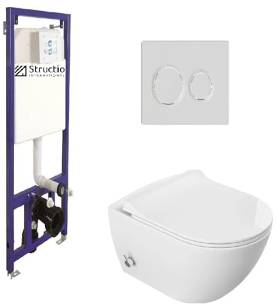 Kit complet de WC mural suspendu - Fonction bidet - WC de douche - WC sans bord - Élément de chasse encastré - Réservoir de chasse d'eau sans bord - Couvercle Softclose