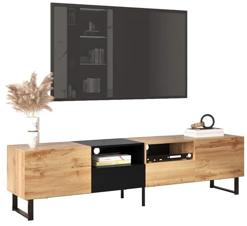 HYUB TV Lowboard, für unter 75-Zoll-Fernseher, TV-Schrank mit 4 Türen und 2 Offenes Fächer, TV Sideboard, Fernsehschrank für Wohnzimmer Schlafzimmer, 190x38x48cm, Natur
