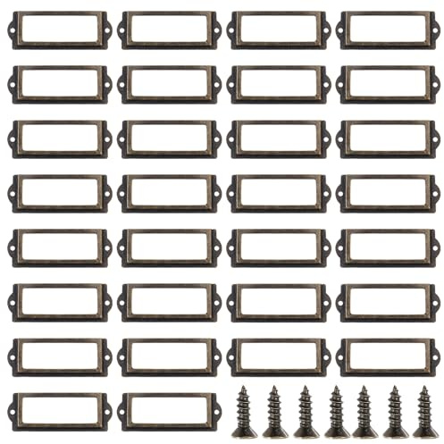 GLOBLELAND 30 Stück Etikettenhalter Aus Antikem Messing, 1.2x3.2zoll, Eisen Kartenrahmen Mit Schrauben, Aktenschubladenschrank, Kartenanhänger, Etikettenhalter, Eisen Kartenrahmen