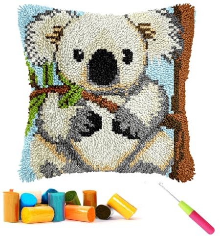 CCWORAN Koala Animal Latch Hook Kits for Adults Cushion Beginners Kids Crochet Craft Kits Cover Making Pre Printed Canvas Wool Yarn Hobbies DIY Sofa Home Decor Women Gift