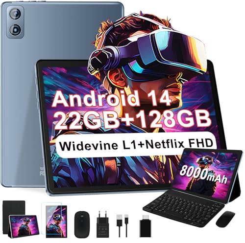 2025 Neuest Android 14 Tablet 10 Zoll, 22(6+16)GB RAM+128GB ROM/TF 2TB, 8000mAh Akku, 8-Cores CPU, Face ID, Widevine L1, WLAN 6, GPS, BT5.0, 5MP+8MP, Tablet mit Tastatur+Maus, Metallkörper Grau