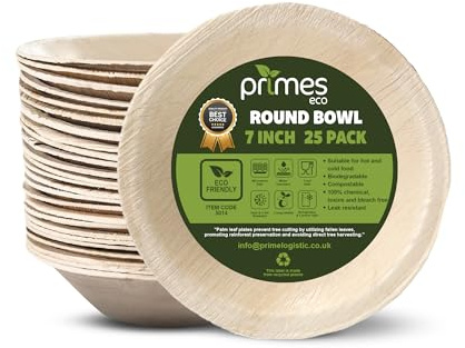 PRIMES ECO 100 PC Disposable Palm Leaf Round Bowls | Eco Friendly Biodegradable Compostable Soup, Salad, Pasta, Dessert Bowls | Sturdy Disposable Palm Leaf Tableware for Party and Catering (7 INCH)