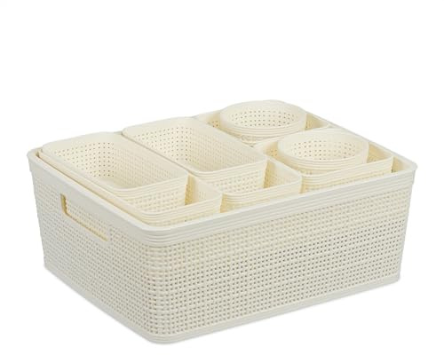 Relaxdays Lådorganiserare set 10 delar, lådavdelare, förvaringskorgar, olika storlekar. plastkorgar, badrum, vit | Lådinsats, organisationssystem, olika Storlek:
