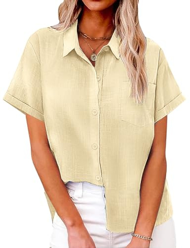 Niwicee Blusas Mujer Verano Camisa Manga Corta Cuello en V Botón Camisa Casual de Algodón Camisas Básicas de Color Sólido Elegantes Camisa Suelta con Cuello de Solapa y Bolsillo (Beige, M)