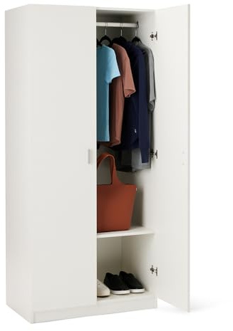 Amazon Basics Armario de Madera de Dos Puertas con Estante y Barra para Ropa, Mueble de Almacenamiento, Dormitorio, Blanco, 50cm x 80cm x 180,1cm