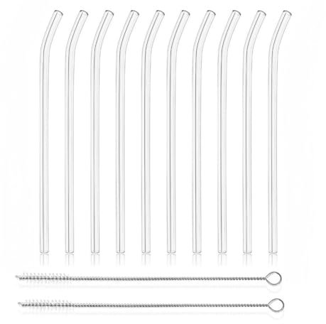 12 Cannucce E Spazzole Riutilizzabili In Vetro Borosilicato, Misura 7 Pollici X 8 Millimetri, Tra Cui 10 Gomiti E 2 Spazzole Di Paglia. Per Succhi Di Frutta, Caffè E Cocktail